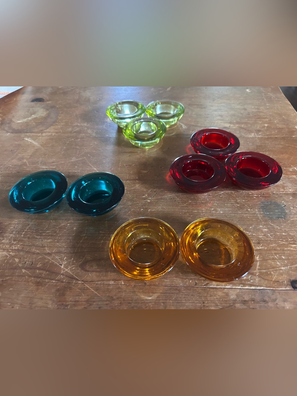 Crate & Barrel assorted colors glass tealight holders. Set of ten.